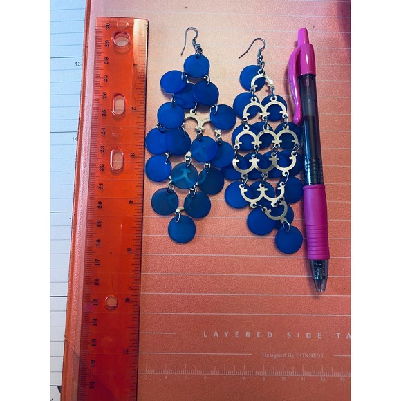 Vintage Shell Chandelier Statement Earrings Royal Blue 5 Inch Dangle Drop - Picture 6 of 7